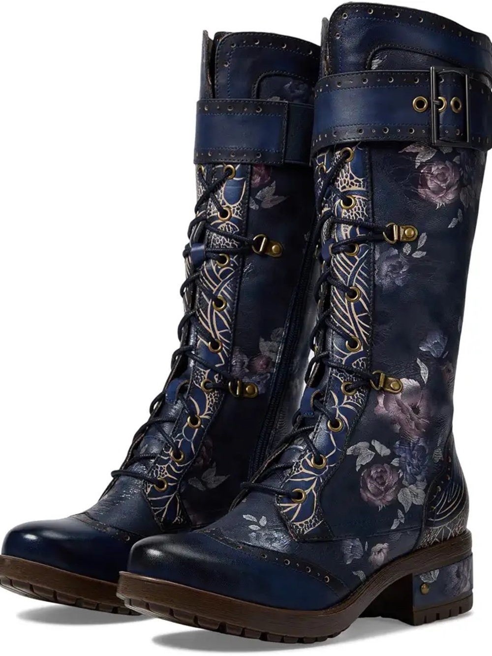 NWT L’Artiste Kisha-Boss Navy Floral Leather Boots – EU 42 / US 10.5–11